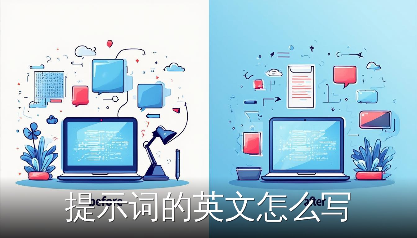笔记本电脑屏幕显示英文单词prompt，旁边有钢笔和台灯，表示提示词的英文写法